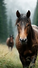 Obraz premium Majestic horses grazing in a misty forest clearing during early morning hours