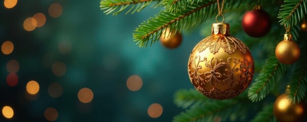 Obraz premium Gold ornaments with Christmas elements hanging on a tree branch, ornaments, Christmas tree