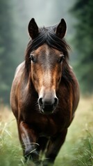 Majestic brown horse walks through a lush green meadow in a serene forest setting during early morning light