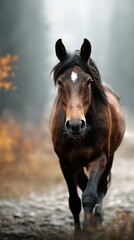 Fototapeta premium Majestic brown horse walking through misty forest during autumn morning