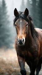 Majestic brown horse walking through misty forest in early morning light
