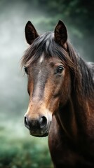 Obraz premium Majestic brown horse gazes calmly in misty forest during early morning hours