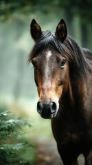 Obraz premium Brown horse stands gracefully in a misty forest during early morning light near a tranquil path