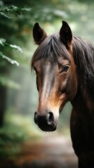 Obraz premium Majestic brown horse standing serenely in a misty forest during early morning light