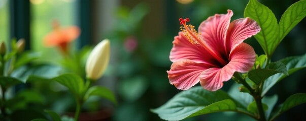 Hibiscus flowers and peace lily in a serene indoor garden setting, flower, garden, interior