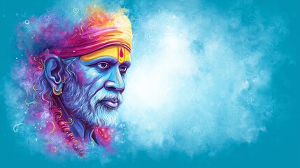 Side-Profile Digital Illustration of Sai Baba of Shirdi With Colorful Aura on Blue Background, Symbolizing Wisdom, Peace, and Devotion