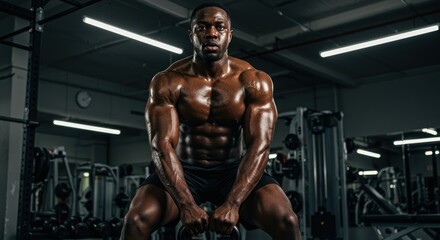 Muscular man lifting kettlebell in gym setting showing strength and fitness.