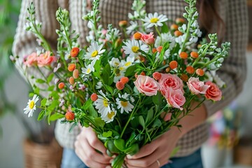Close-up of a woman crafting a stunning bouquet of flowers, highlighting the intricate process and meticulous care of floral design.