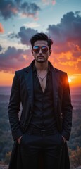 Fototapeta premium A confident man wearing stylish sunglasses and a tailored suit stands atop a scenic hill, overlooking a breathtaking landscape. The sun sets behind him, casting a warm glow.
