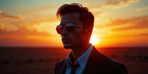 Fototapeta premium A stylish man wearing dark sunglasses and a crisp tie stands confidently on a sandy beach, with gentle waves lapping at his feet and a vibrant sunset painting the sky behind him.