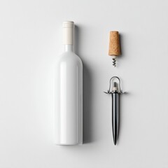 White Wine Bottle Mockup: Cork, Corkscrew, Flat Lay