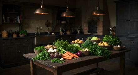 Rustic Kitchen Still Life With Freshly Harvested Vegetables on Wooden Table