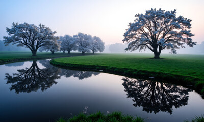 Flowering Tree Reflection in Still Dew Pond - Mirrored Farm Beauty