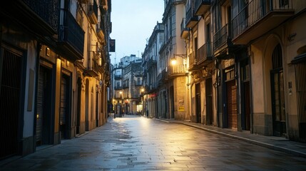 Obraz premium An illuminated cobblestone street stretches between old buildings at dusk