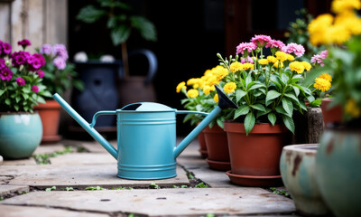 Watering Can Still Life Amongst Cottage Patio Pots - Gardening Scene