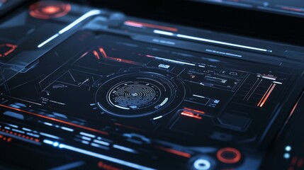 Futuristic digital fingerprint scanner interface showcased on a sleek, high tech device design