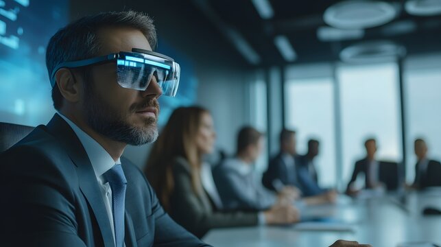Futuristic Business Meeting: A focused businessman wearing futuristic smart glasses leads a modern business meeting, showcasing innovative technology in a corporate setting. 