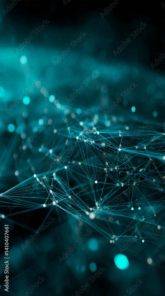 Poster abstract teal network, glowing nodes and lines, creating a dynamic interconnected structure, symboli