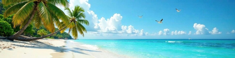 Fototapeta premium Palm trees swaying gently on the sandy shore, surrounded by crystal-clear turquoise water and a few seagulls flying overhead, ocean, turquoise, seagulls