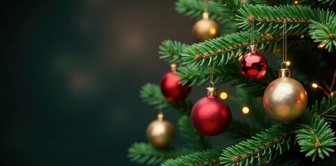 Obraz premium Christmas tree branch with ornaments, evergreen, christmas tree