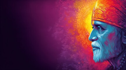Side-Profile Digital Portrait of Sai Baba of Shirdi With Glowing Halo and Deep Background, Symbolizing Inner Light, Devotion, and Strength