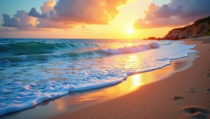 Obraz premium Soft blue ocean waves gently caress the shore of a serene sandy beach at sunset, wave, ocean
