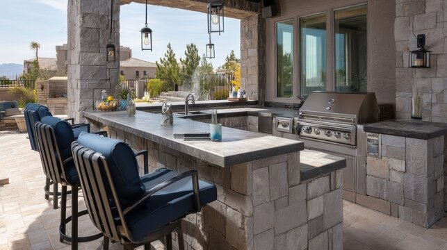 Luxury outdoor kitchen with built-in grill and stone surfaces 