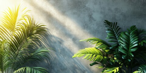 Sunlight filters through green leaves in a tranquil indoor space with a soft gray backdrop
