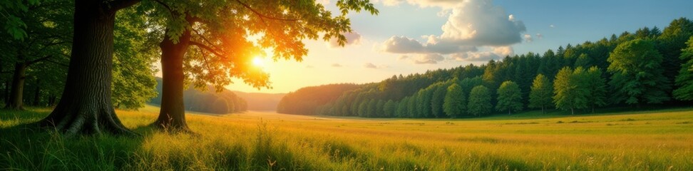 Obraz premium Panorama Waldlandschaft mit Sonnenstrahlen durch den Baumkranz, , sonne