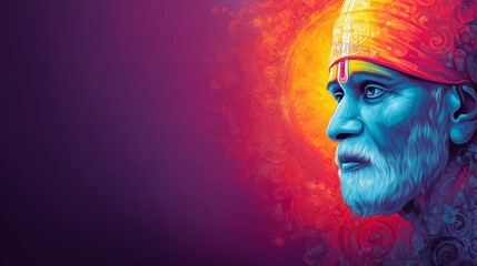Side-Profile Digital Portrait of Sai Baba of Shirdi With Glowing Aura and Magenta Background, Symbolizing Peace, Devotion, and Focus