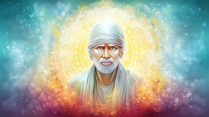 Peaceful Digital Portrait of Sai Baba of Shirdi With Glowing White Aura, Symbolizing Divine Light, Spiritual Purity, and Compassion
