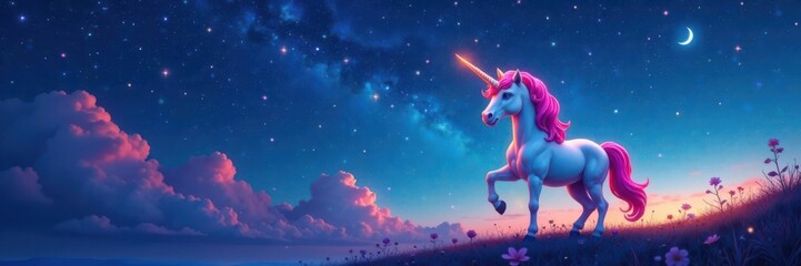 Fototapeta premium Colorful unicorn holding a sign under starry night sky, magic, unicorn
