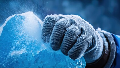 fur-gloved fist compressing 10,000-year-old blue ice