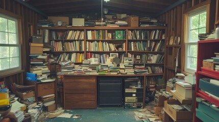 Obraz premium A cluttered room filled with many shelves of books and papers
