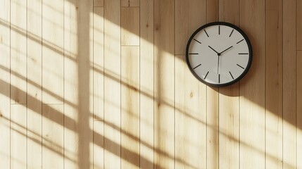 A minimalistic clock mounted on wooden paneling with dramatic light