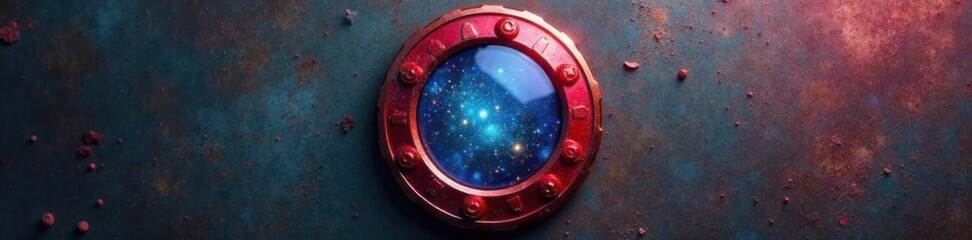 Isolated circular pin badge on a metal background, isolated, close-up, circular