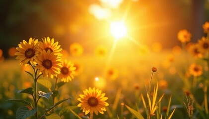 Obraz premium Warm sunlit day with bright vector sun and lens flare, flare, ray