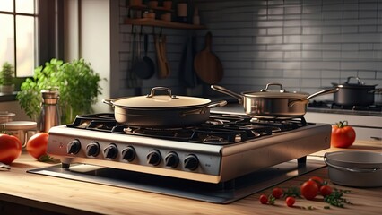 Modern kitchen scene featuring a sleek induction cooktop with two pots, one boiling.