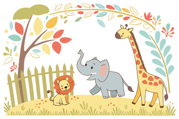 Obraz premium cute cartoon safari zoo with animal frame border