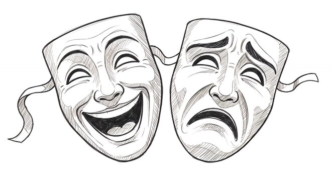Comedy tragedy masks monochrome illustration