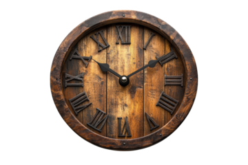 Rustic Wooden Wall Clock Antique Charm Roman Numerals Aged Wood Dark on transparent background