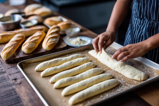 Artisan Baker Shaping Fresh Dough for Baguettes in Kitchen