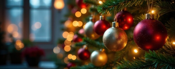 Hanging Christmas decorations with festive lights and ornaments , ornaments, christmas