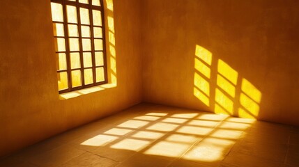 Sunlight streaming through a window casts shadows on the interior walls