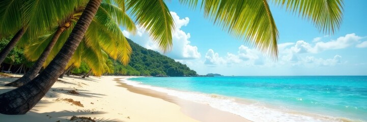 Fototapeta premium Warm sandy beach under palm trees with turquoise water and white foam, sun, film distress