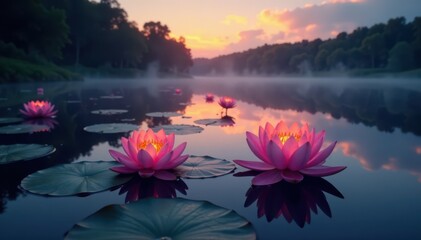 Softly glowing water lily pads on a serene lake at dusk, lake, peaceful evening