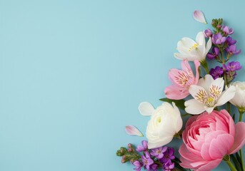 Obraz premium Spring floral corner arrangement with colorful flowers on blue background