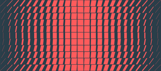 Dynamic red and black pattern with illusionary wave grid. Curved motion transforms the field into a bold graphic landscape. Vector abstraction for modern technology, virtual visuals or creative design