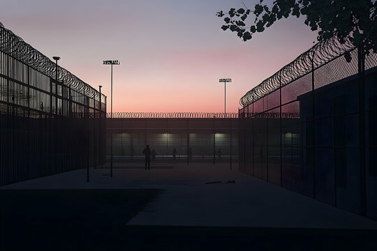 Empty prison yard at dawn, silhouetted figures.