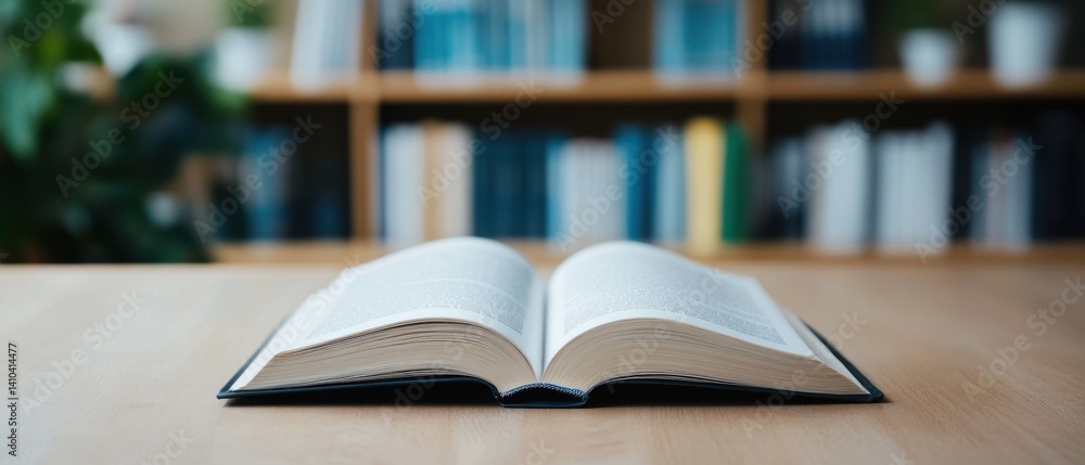 Poster open book on wooden table with background of blurred bookshelf and greenery in a cozy reading space